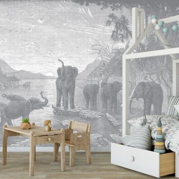Papier Peint Panoramique Gravure - Les Eléphants - Gris Tourterelle 1