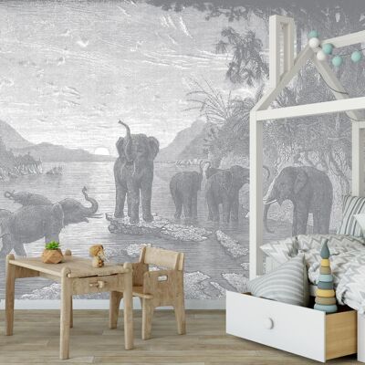 Papier Peint Panoramique Gravure - Les Eléphants - Gris Tourterelle