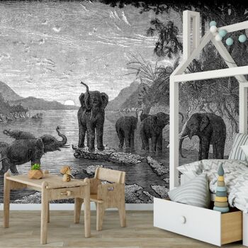 Papier Peint Panoramique Gravure - Les Eléphants - Noir