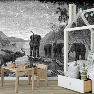 Papel Pintado Grabado Panorámico - Los Elefantes - Negro