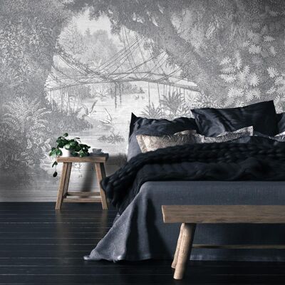Engraving Panoramic Wallpaper - Jungle - Dove Gray