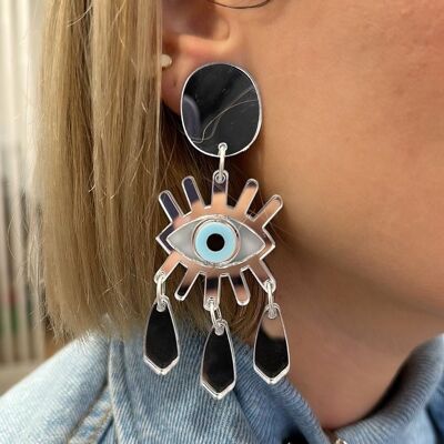 Long Evil Eye Dangle Earrings, Silver Clip On Earrings, Modern Earrings