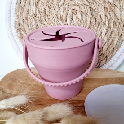 Bicchiere snack pieghevole in silicone con coperchio - Rosa cipria