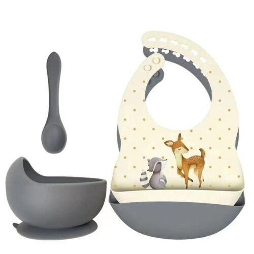 Set of silicone bibs + bowl with suction cup and spoon - Deer & Raccoon Gray Blue