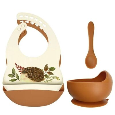 Set of silicone bibs + bowl with suction cup and spoon - Hedgehog Rust