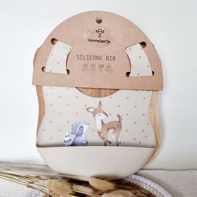 Silicone bib with collection tray Deer and Raccoon - Beige