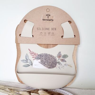Silicone bib with collection tray Hedgehog - Beige