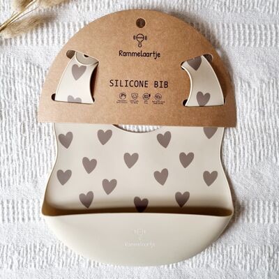 Silicone bib with collection tray Hearts - Beige