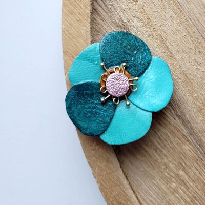 Turquoise cherry blossom brooch in recycled leather and gold plated
