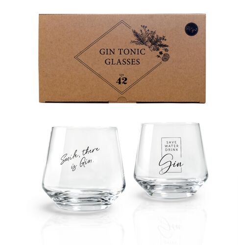 Gin Tonic Gläser - 2er Geschenkset mit Gin Sprüchen | 400 ml | In Geschenkbox mit Cocktailrezepten | Für große Eiswürfel | Spülmaschinengeeignet | Weihnachtsgeschenk für Männer und Frauen