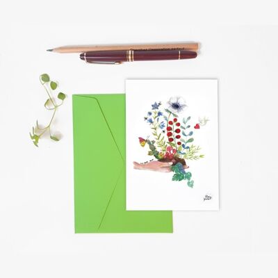 CARTOLINA BOTANICA DI FIORE E NATURA DELL'ACQUERELLO