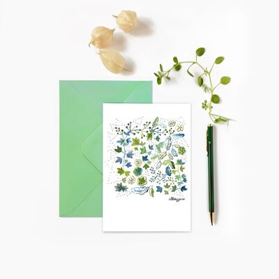 WATERCOLOR BLUE GREEN FOLIAGE AND FLOWER BOTANICAL POSTCARD