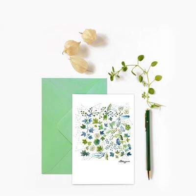 WATERCOLOR BLUE GREEN FOLIAGE AND FLOWER BOTANICAL POSTCARD