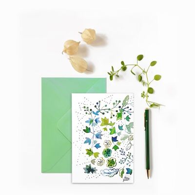 BOTANICAL POSTCARD DETAIL FOLIAGE AND FLOWER GREEN BLUE WATERCOLOR