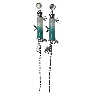 Green Bamboo & Silver Charm Stud Earrings