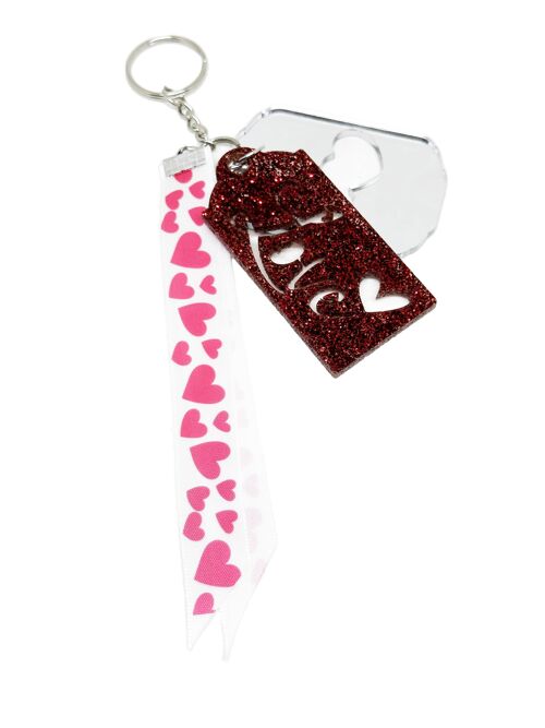 Porte clé rouge avec médaille rouge pailletée et miroir et rubans coeurs