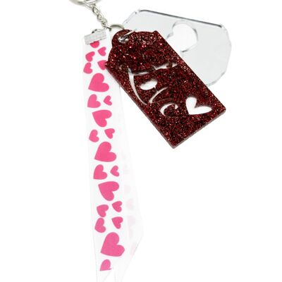 Porte clé rouge avec médaille rouge pailletée et miroir et rubans coeurs