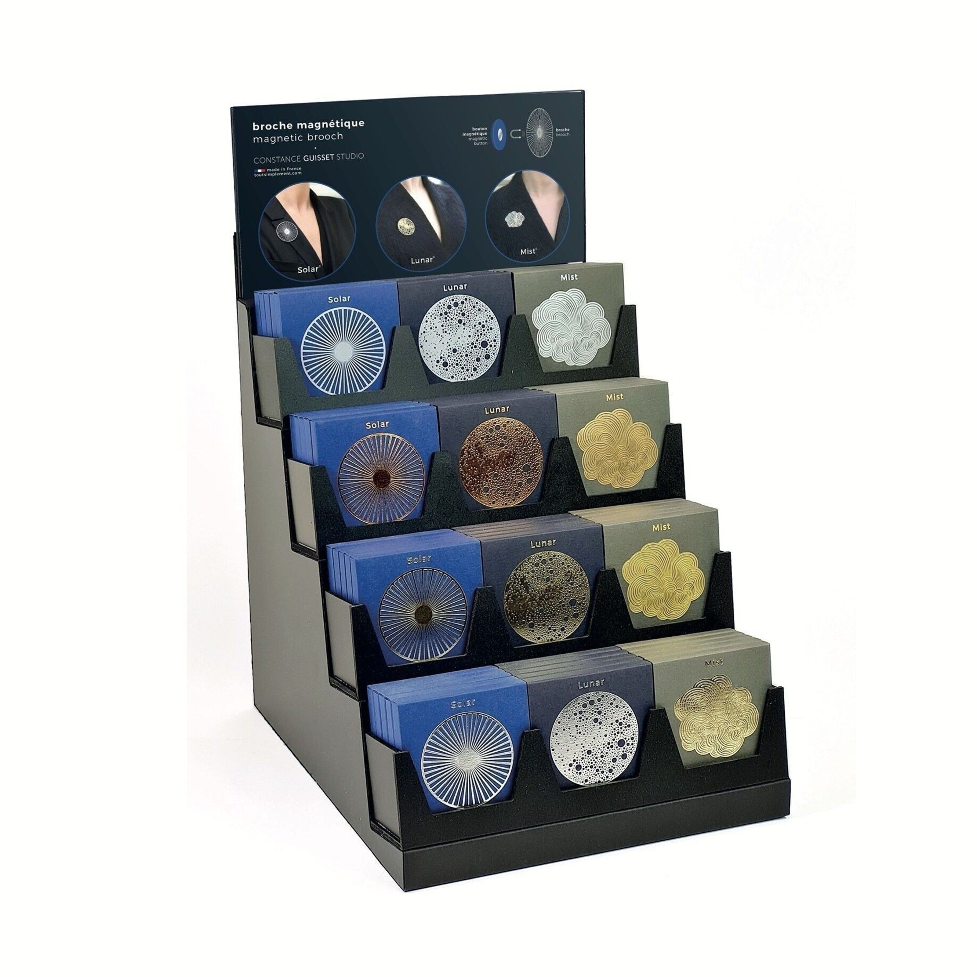 Buy wholesale Display full of 48 Small Solar Lunar Mist magnetic brooches  + free display - Design Constance Guisset