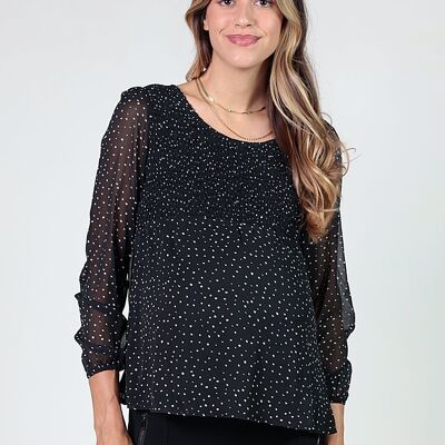 Polka Dot Printed Blouse With Smock On Chest