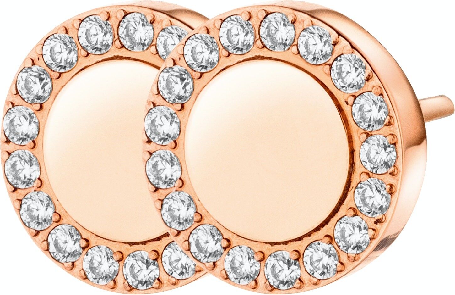 Orecchini a bottone rotondi con zirconi incastonati a cerchio, acciaio-rosé