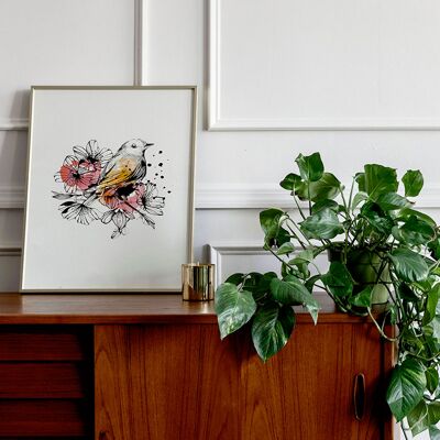 BIRD poster - A4 watercolor and Indian ink illustration