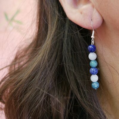 Boucles d'oreilles pendantes  "Triple Protection" Lapis Lazuli, Aigue Marine et Apatite