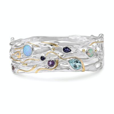 Handcrafted multi stone silver bangle