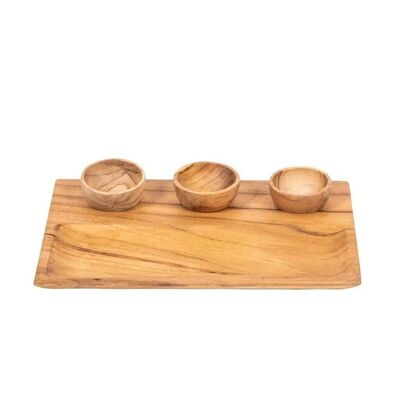 Square teak aperitif board with 3 small teak bowls