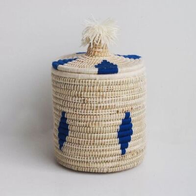MALOU - Boîte berbère en laine et osier à motif bleu