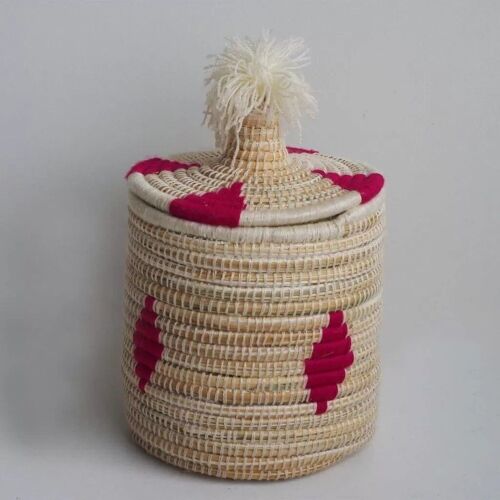 MALOU - Boîte berbère en laine et osier à motif rose