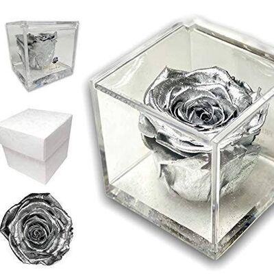 8cm Silver Preserved Rose Cube, Perfumed Rose Vera box