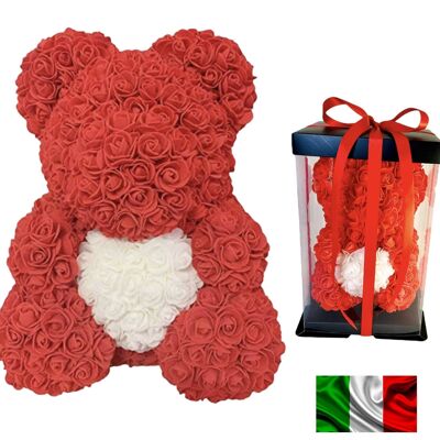 Rose teddy bear 25cm red with white heart