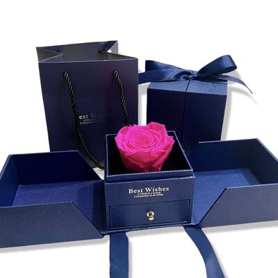 Rose Éternelle Fuchsia en Boîte Boîte à Bijoux Bleue, Vraie Rose