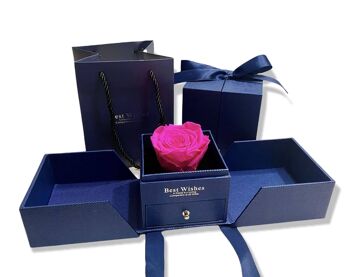 Rose Éternelle Fuchsia en Boîte Boîte à Bijoux Bleue, Vraie Rose 1