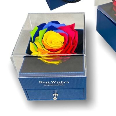 Rose Éternelle Multicolore dans une Boîte Boîte à Bijoux Bleue, Ouverte