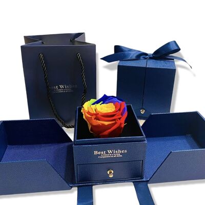 Mehrfarbige Ewige Rose in Box Blaue Schmuckschatulle