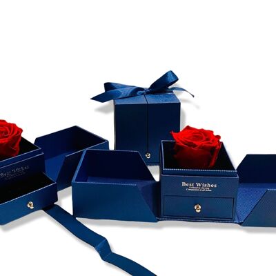 Red stabilized rose in box Blue jewelery box
