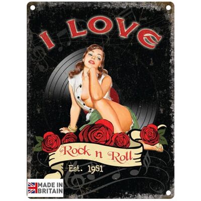 Targa in metallo grande 60 x 49,5 cm Musica I LOVE ROCK AND ROLL