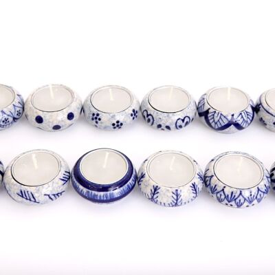 Pack de 12 velas de té craqueladas de cerámica azul y blanca