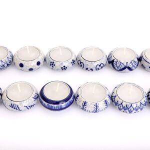 Lot de 12 bougies chauffe-plat en céramique bleu et blanc craquelé
