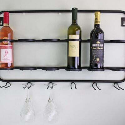 Supporto da parete per sei bottiglie e bicchiere di vino