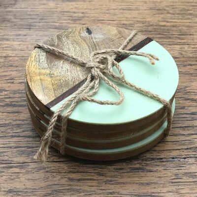 Set Of 4 Round Two Toned Wooden Coasters - Green