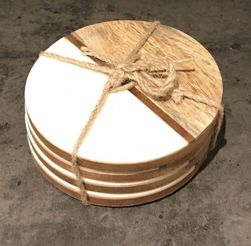 Set Of 4 Round Two Toned Wooden Coasters - White