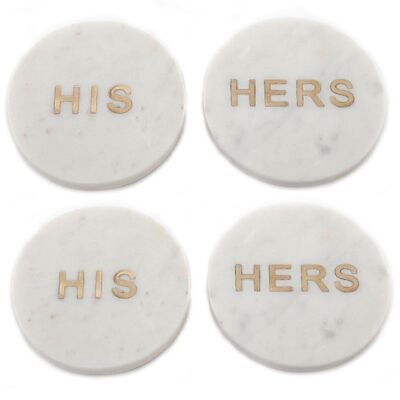 Quatre sous-verres en marbre blanc 'His' & 'Her'