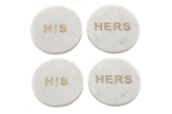 Quatre sous-verres en marbre blanc 'His' & 'Her' 1