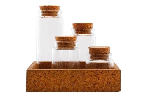 Cork Tray With Four Glass Bottles & Lids