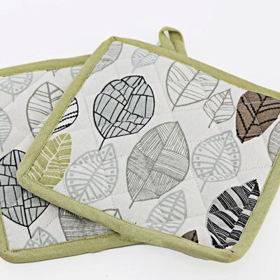 Deux tapis de casseroles ou de poêles en tissu avec un motif contemporain d'impression de feuilles vertes