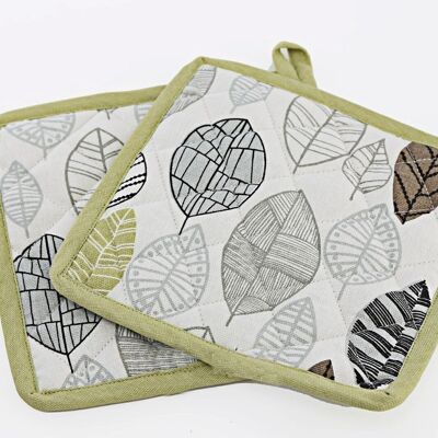 Two Fabric Pot or Pan Mats With Contemporary Green Leaf Print Design