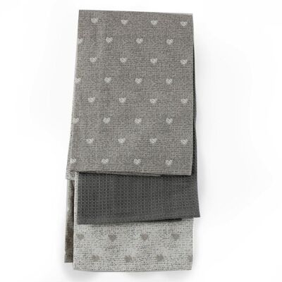 Pack of 3 Kitchen Tea Towels With A Grey Heart Print Design