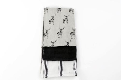 Grey Kitchen Pack of 3 Tea Towels With A Stag Print Design